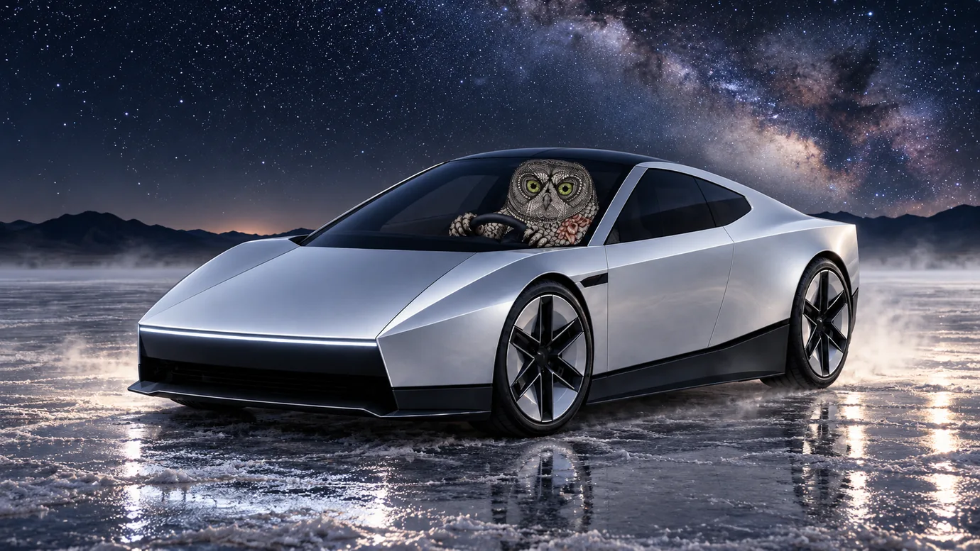 Owl at the wheel beneath the stars