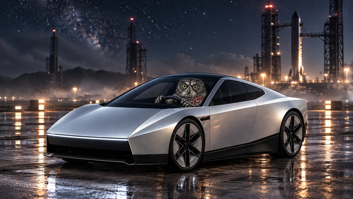 Futuristic silver coupe with the owl at the wheel at a fictional nighttime spaceport