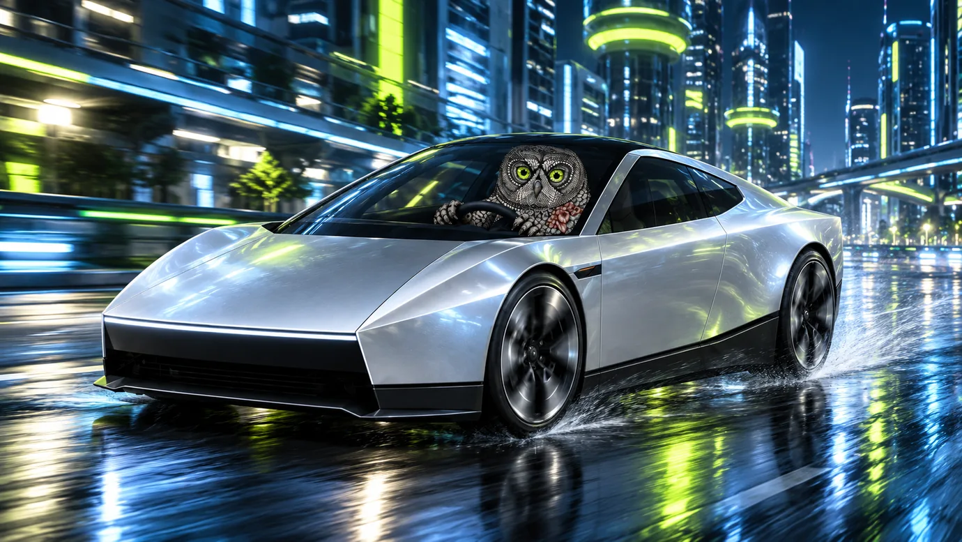 The owl's coupe on wet neon-lit streets at night