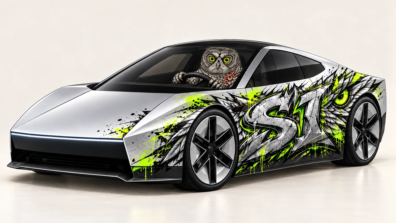 Silver coupe with custom lime and black SI graffiti livery; green-eyed owl driving